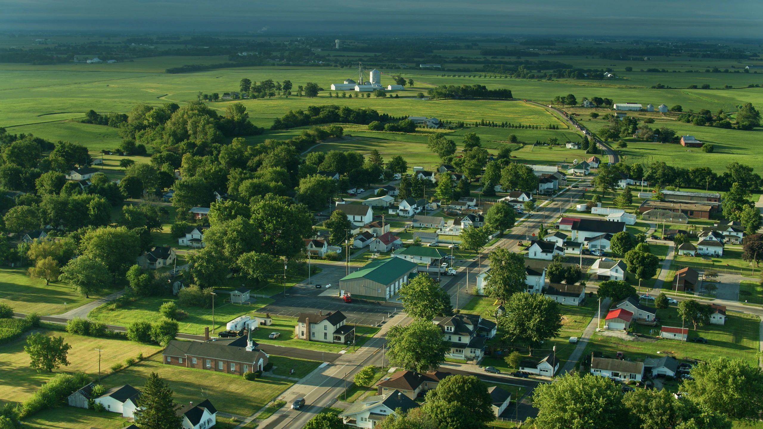 Aerial view of Ohio farmland and estate-scale landscape