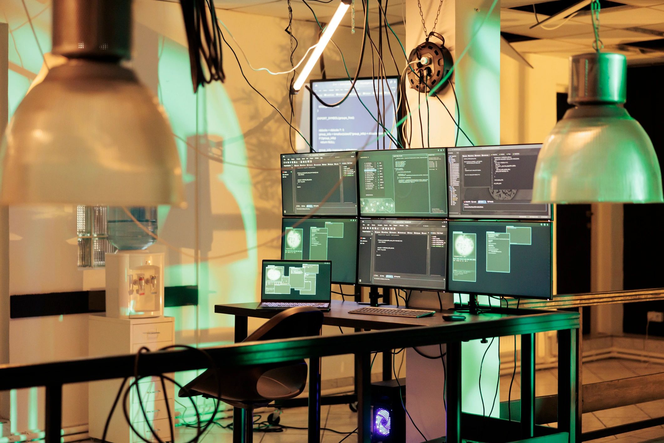 Computer screens with code representing strategic cyber and conflict risk