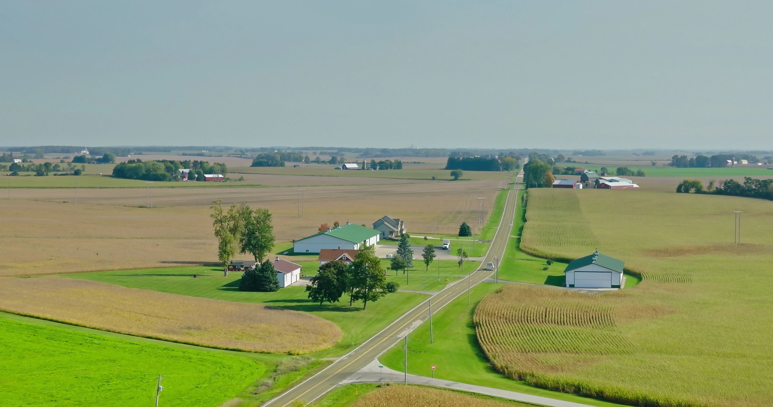 Aerial view of Midwestern farmland and country road