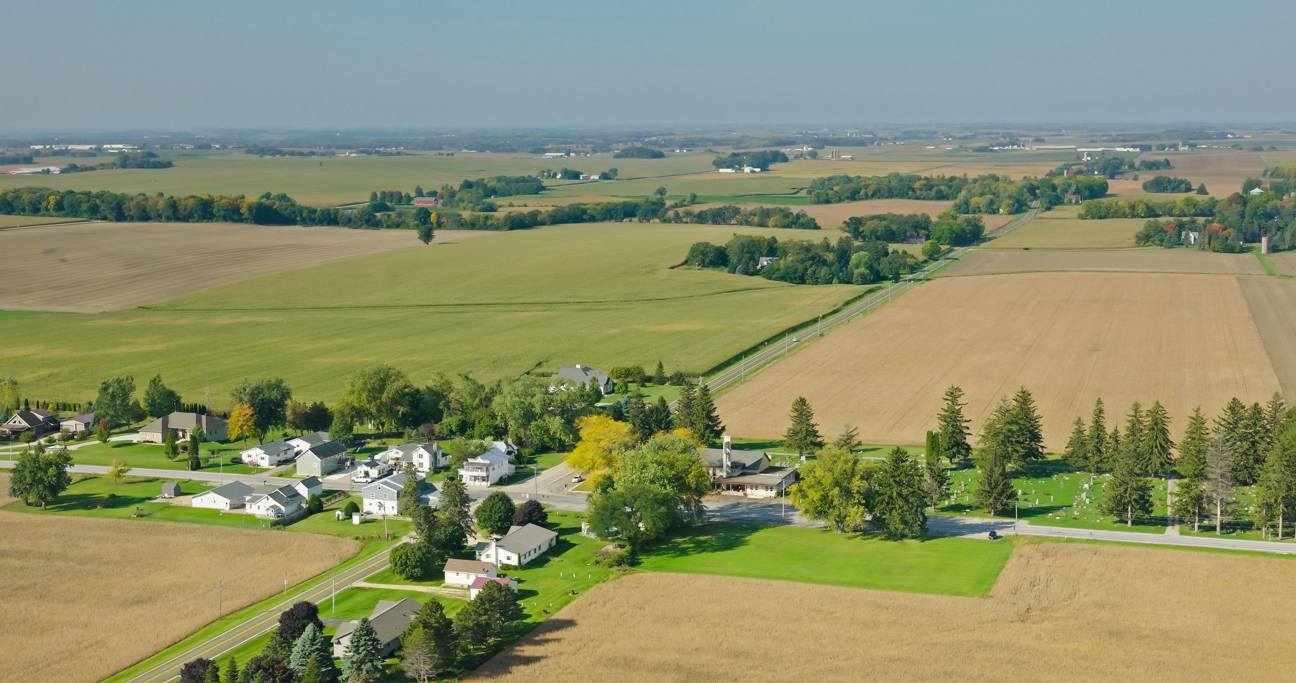 Aerial view of Wisconsin farmland and rural homes