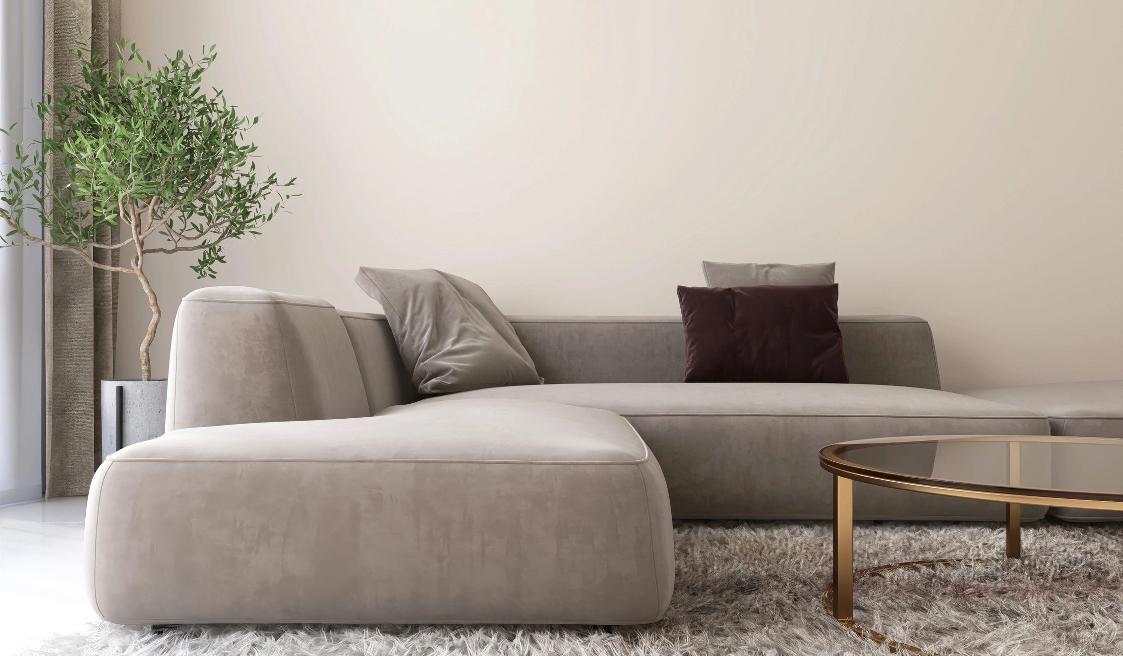 Modern, luxury living room with brown L shape sofa on high pile shag rug on white tile floor in sunlight on beige wall from blackout curtain for interior design decoration, product background 3D