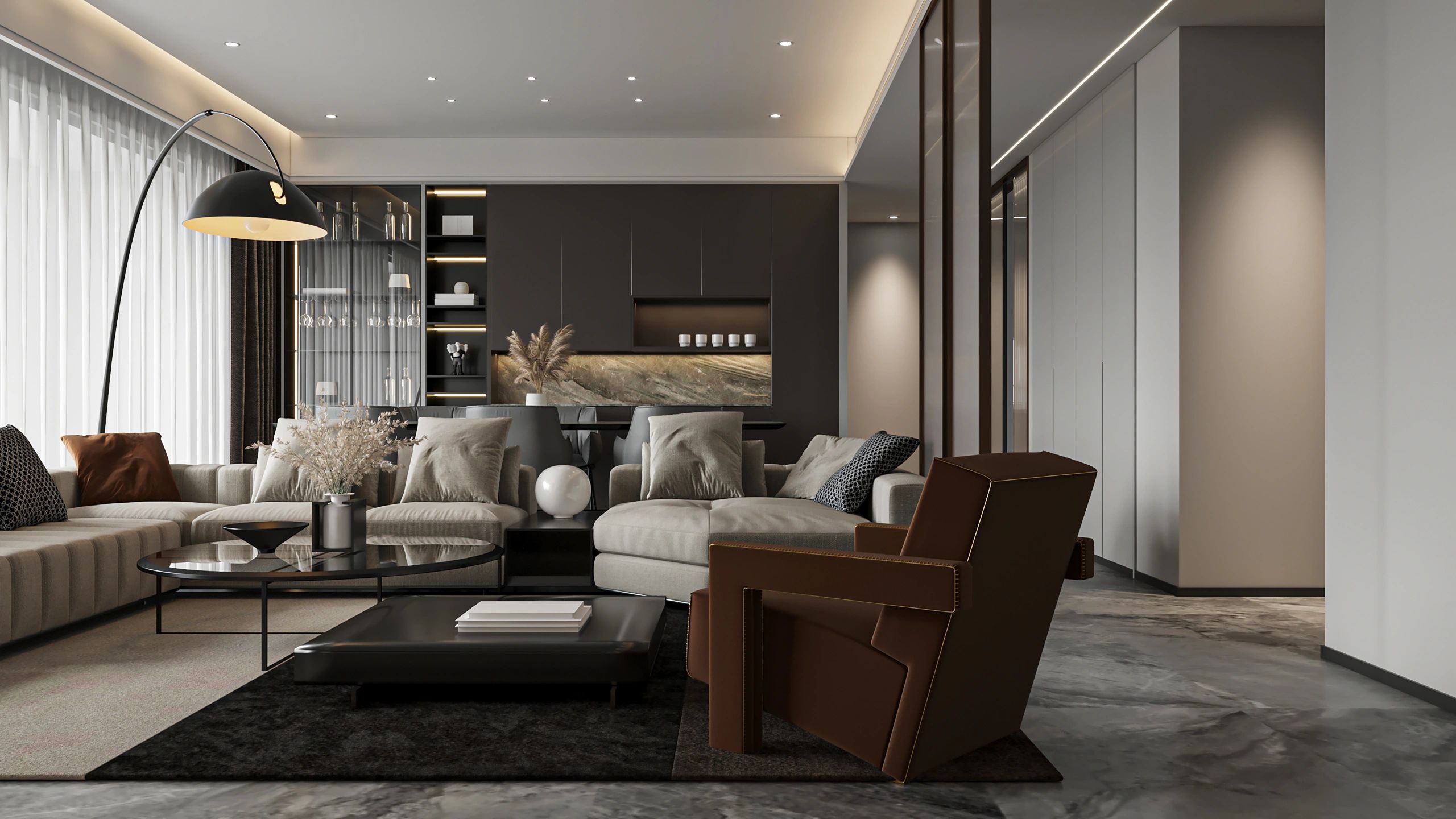 Modern Open Plan Living Room with Designer Armchair and Dark Accents