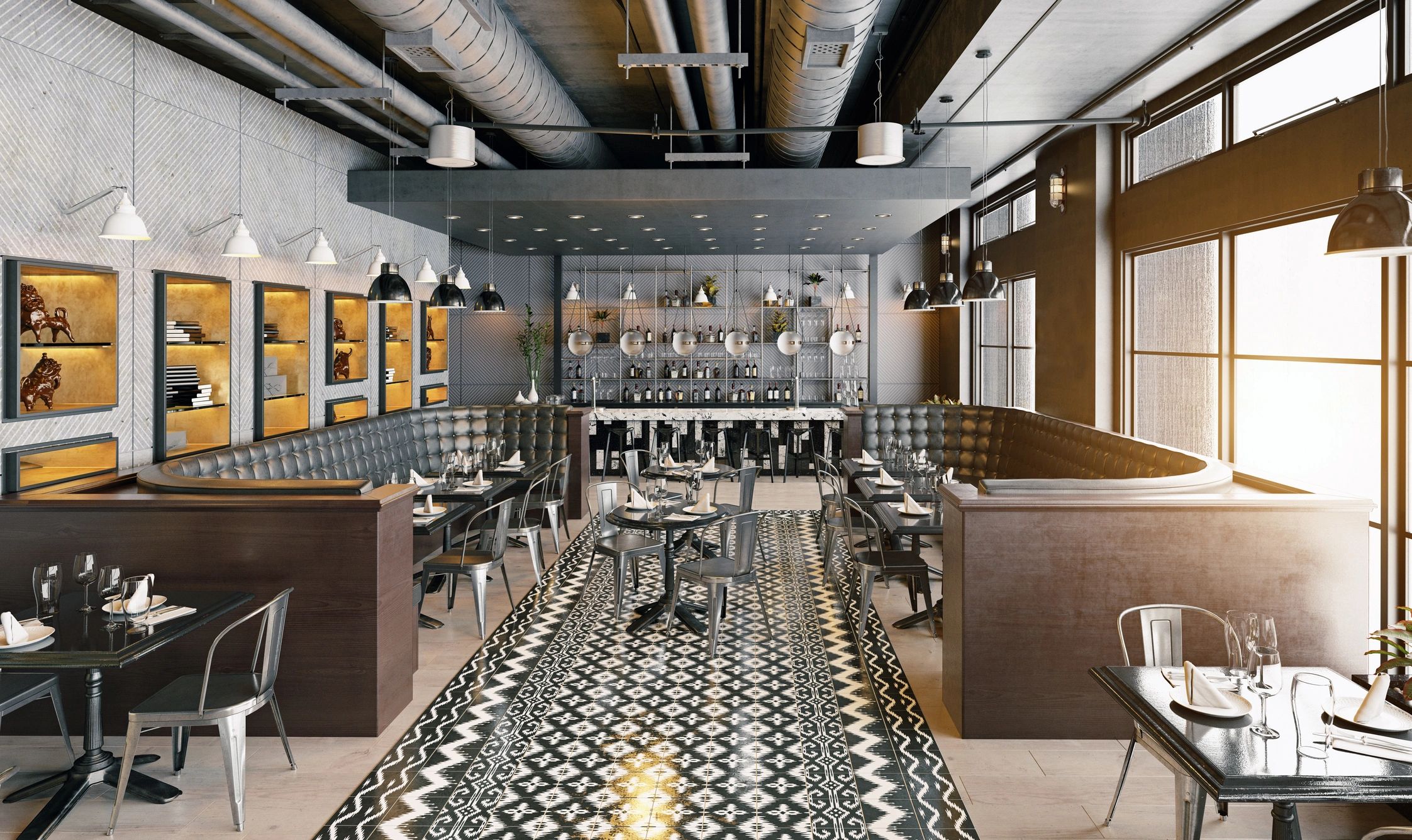 Empty modern restaurant with industrial chic interior design. Stylish bar and dining area with leather banquettes. 3D rendering of a contemporary hospitality space.