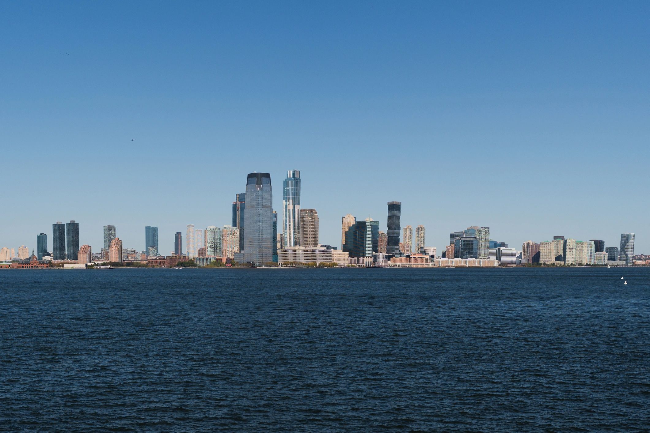 Jersey City skyline across the Hudson River on a clear day