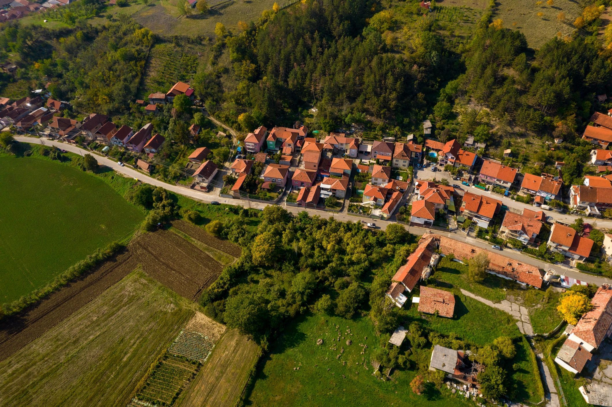 Aerial view of rural village houses and landscape