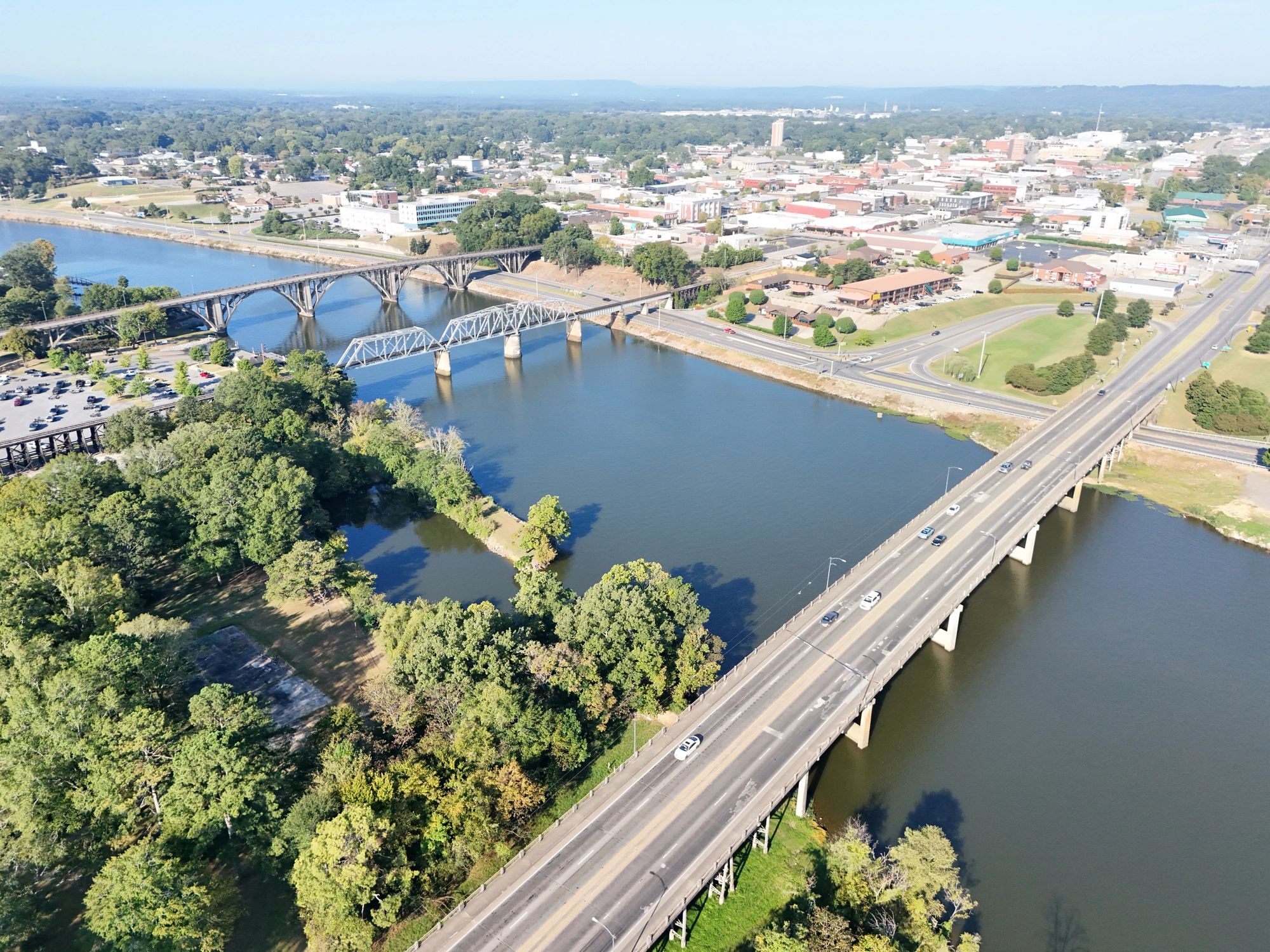 Aerial view of bridges and the Coosa River near downtown Gadsden, Alabama