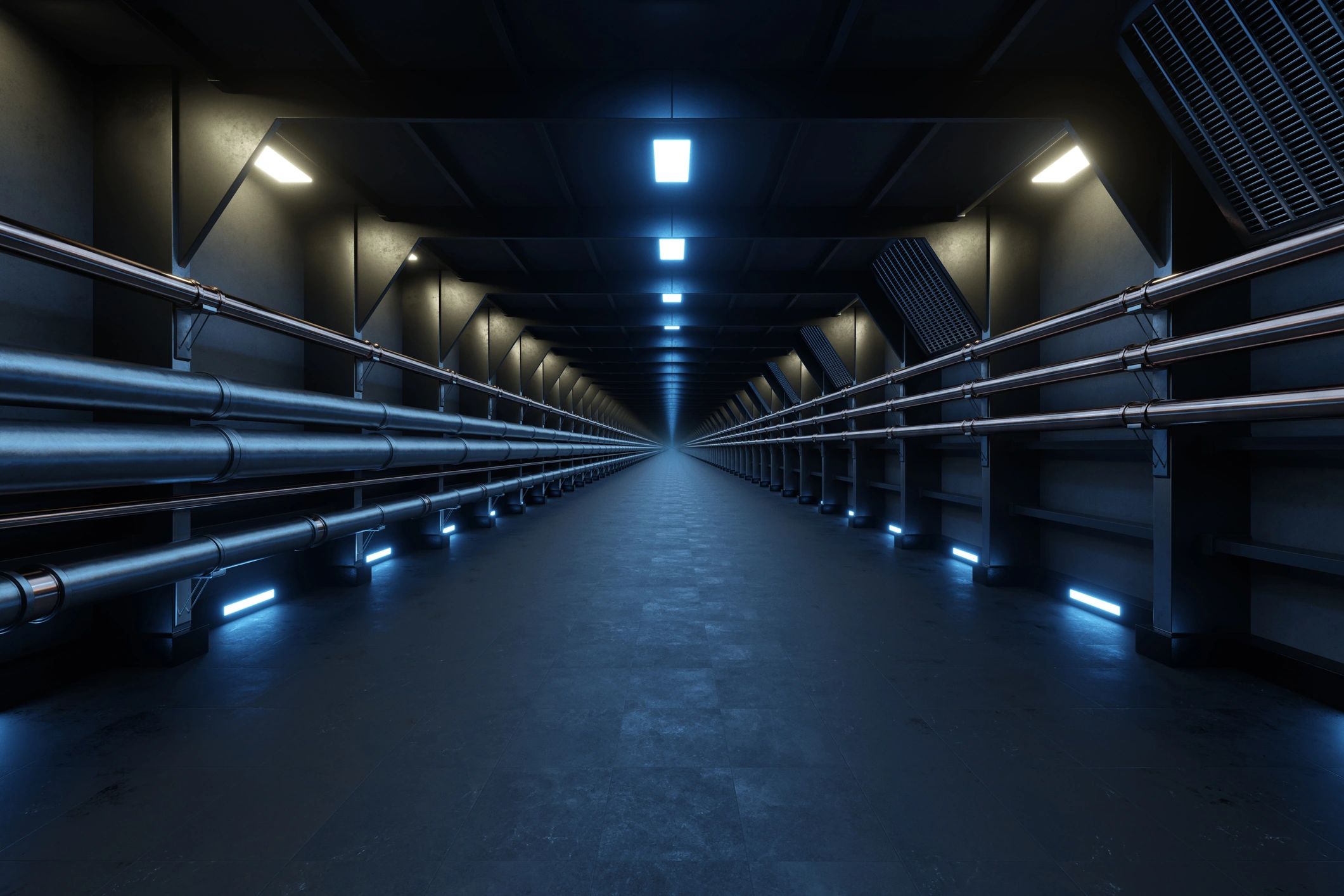 Futuristic tunnel corridor suggesting hardened underground infrastructure