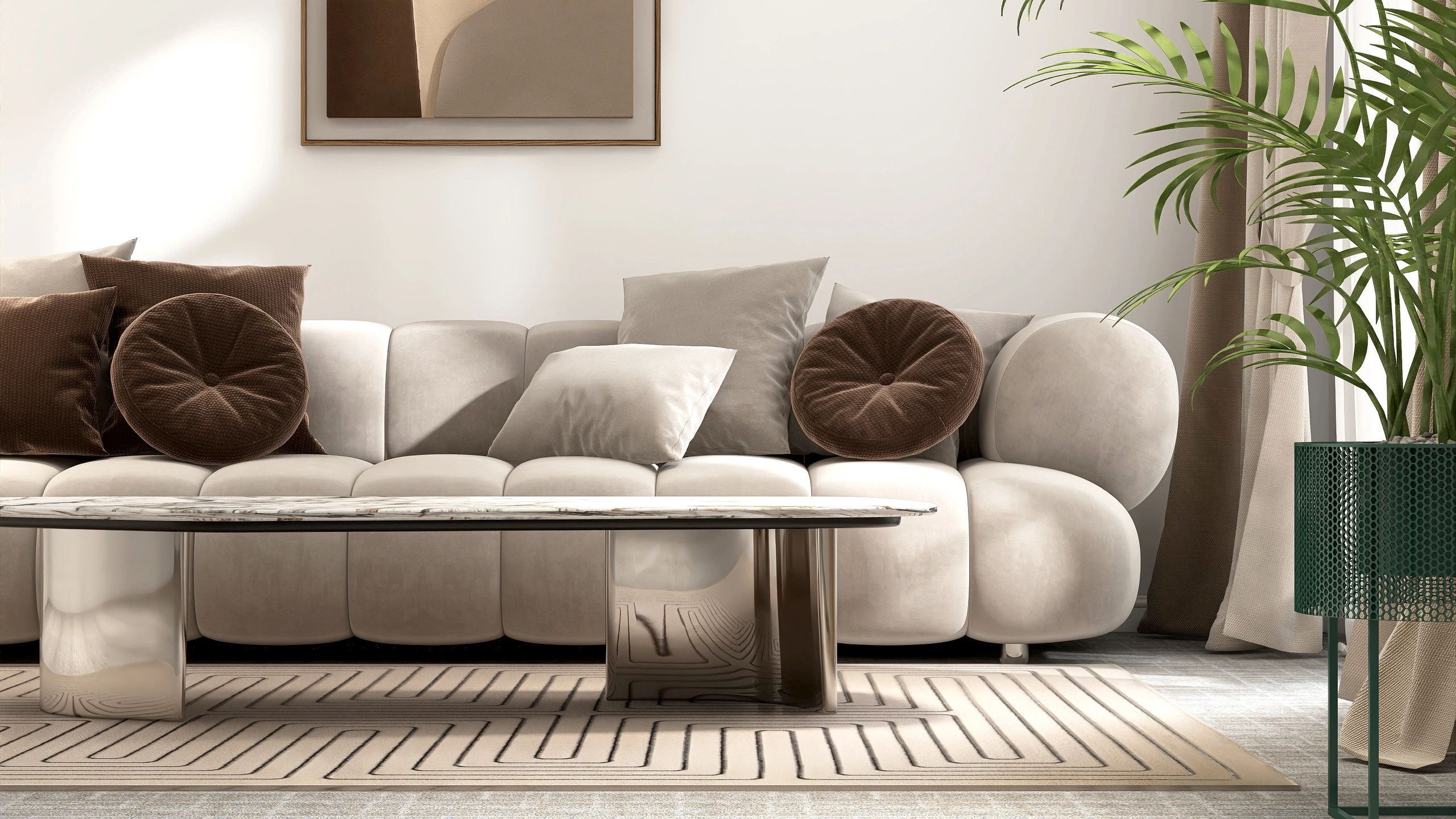 Elegant basement-style living room with warm neutral palette