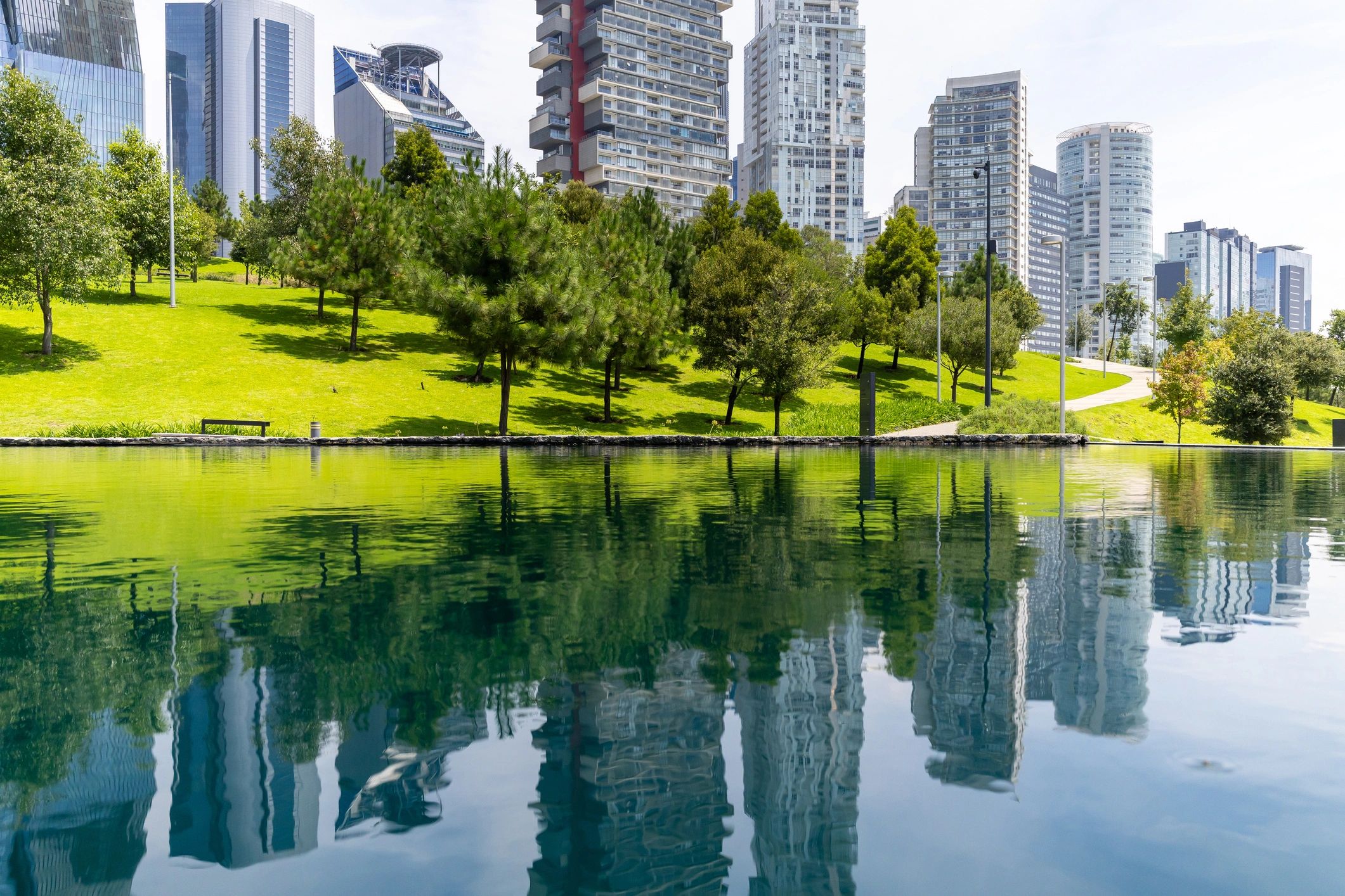 Public green park called La Mexicana in Santa Fe, Mexico.